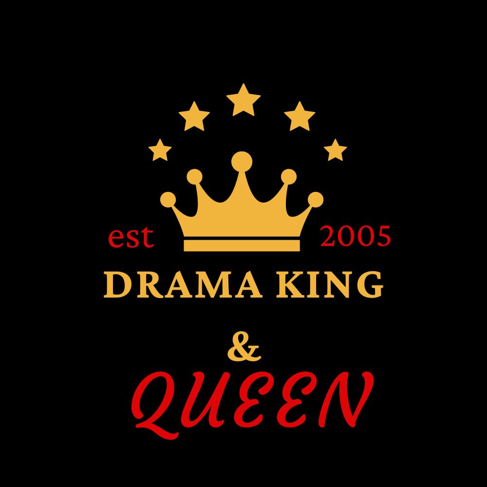 Golden crown and stars Logo Drama King and Queen in gold and red with a black background