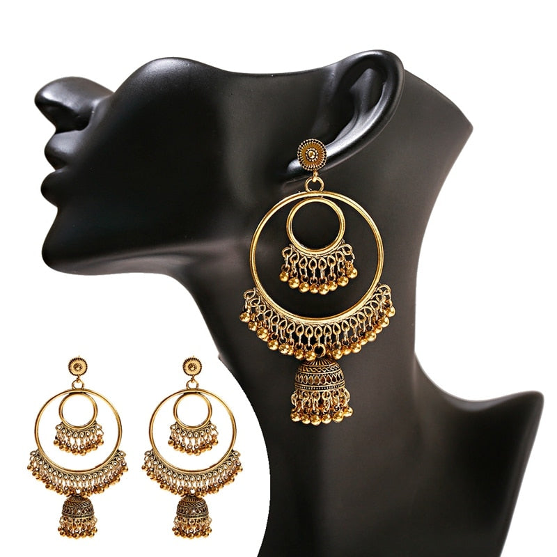 Antique Gold Boho Tribal Drop Earrings