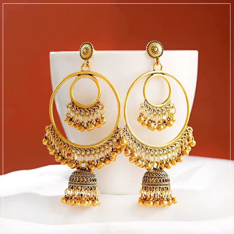 Antique Gold Boho Tribal Drop Earrings