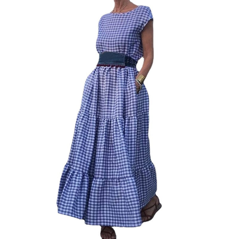 Cross Plaid Cotton Sweet Country Temperament Style High-Waisted Dress