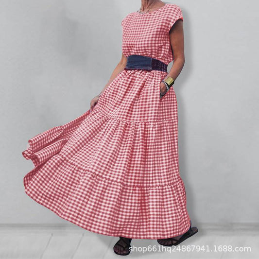 Cross Plaid Cotton Sweet Country Temperament Style High-Waisted Dress