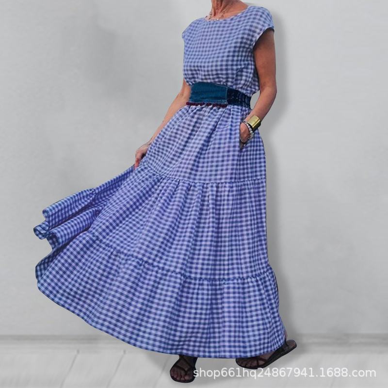 Cross Plaid Cotton Sweet Country Temperament Style High-Waisted Dress