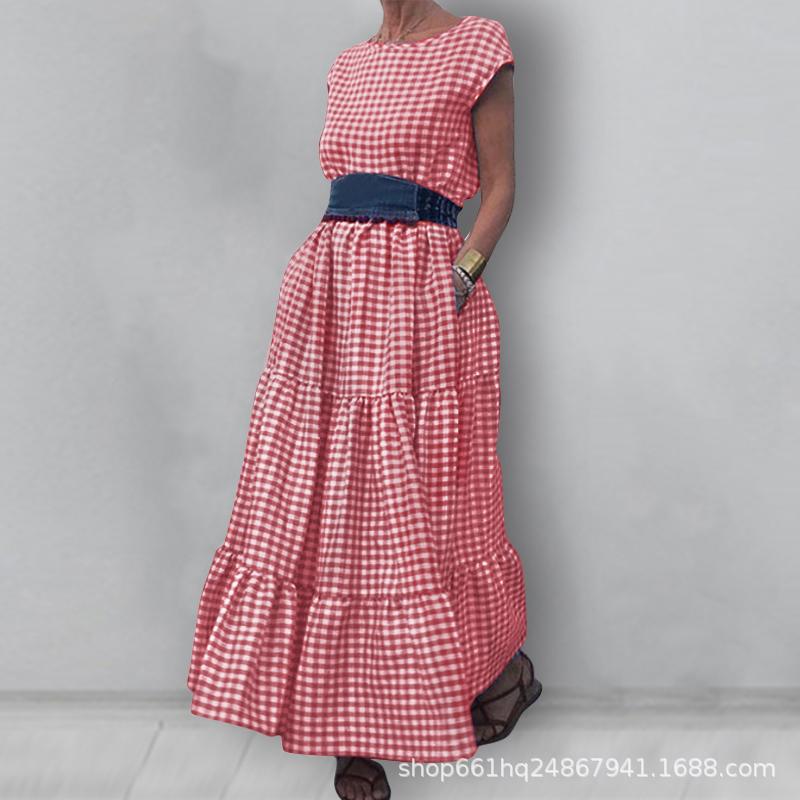 Cross Plaid Cotton Sweet Country Temperament Style High-Waisted Dress