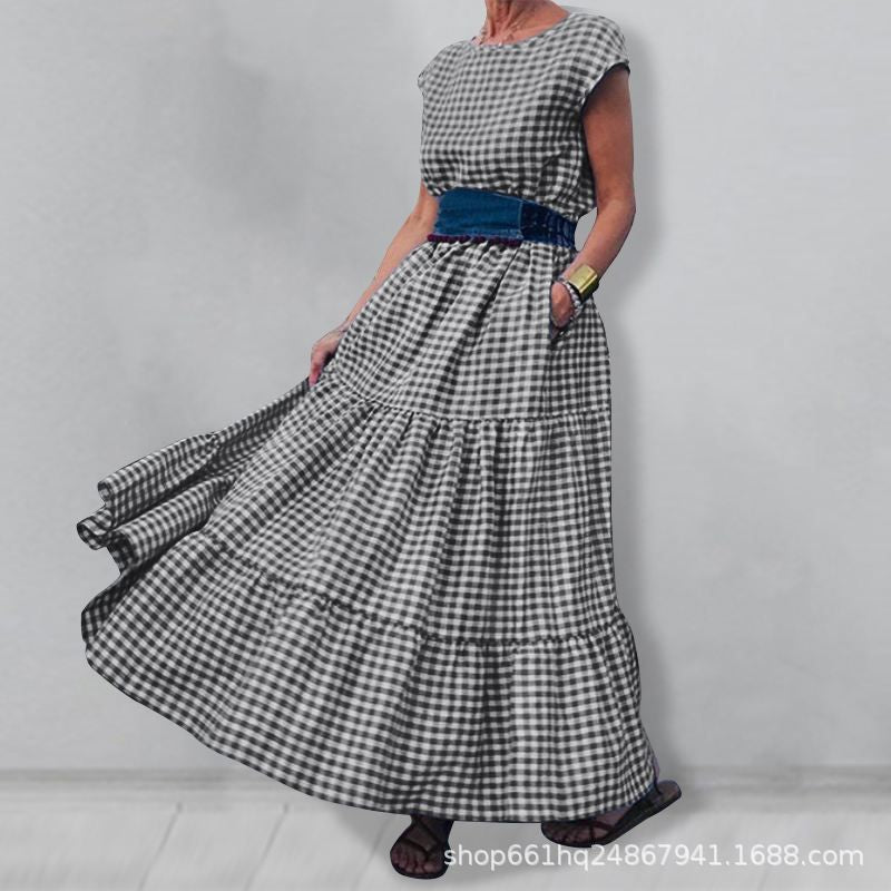 Cross Plaid Cotton Sweet Country Temperament Style High-Waisted Dress